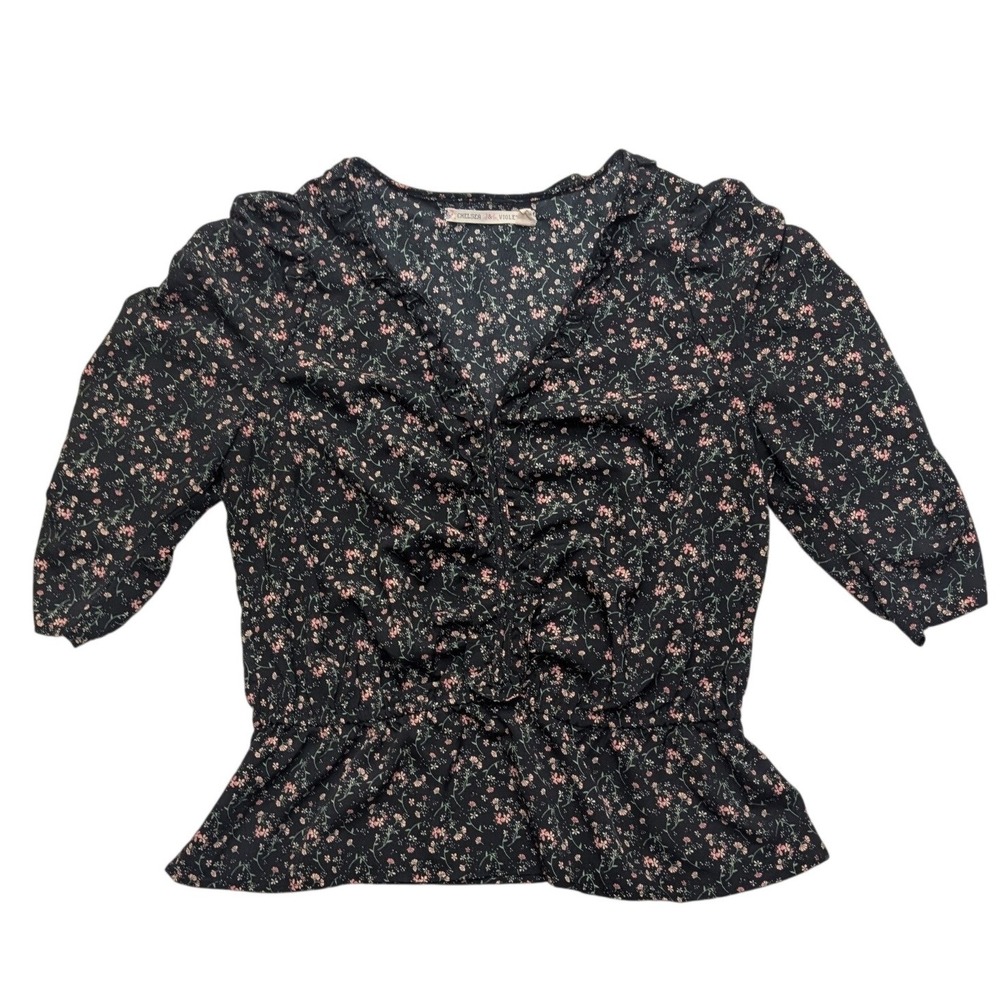 Chelsea & Violet Floral Peplum Top Women Large Black Pink Ruffle Puff Sleeve